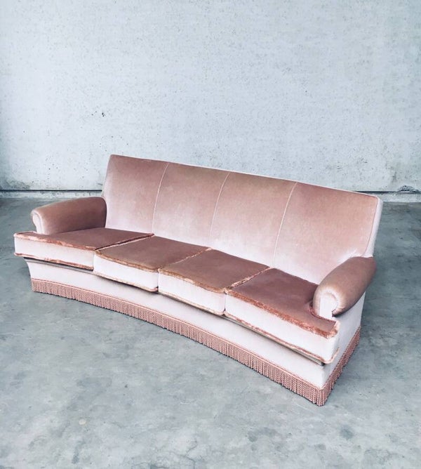 Vintage 1950's Design Pink Velvet Curved Sofa w Fringe