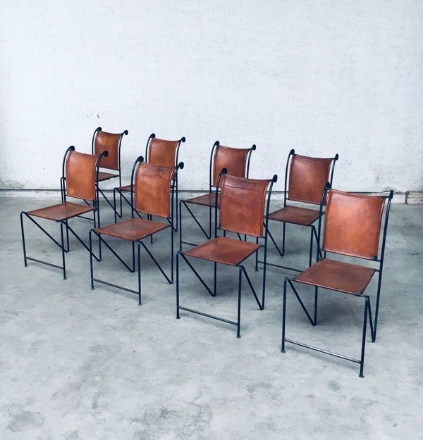 Midcentury Mediterranean Style Design Wrought Iron and Leather Dining Chair set, Spain 1960's