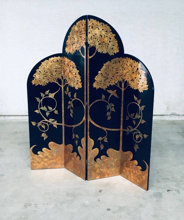 1980's Art Deco Revival Asian Black & Gold Leaf Screen Room Divider