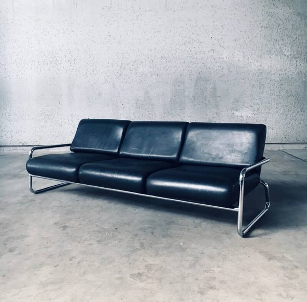 Bauhaus Design Tubular Steel & Leather 3 Seat Sofa, Germany 1950's