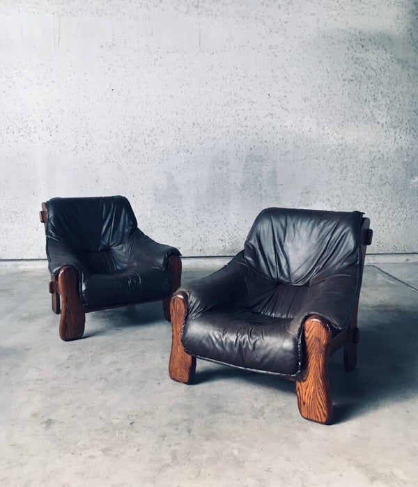 1970's Brutalist Design Leather & Oak Lounge Chairs