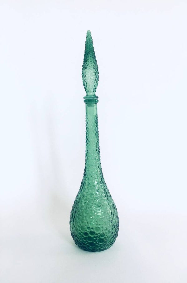 Midcentury Empoli Green Bubble Glass Genie Decanter Bottle, Italy 1960's