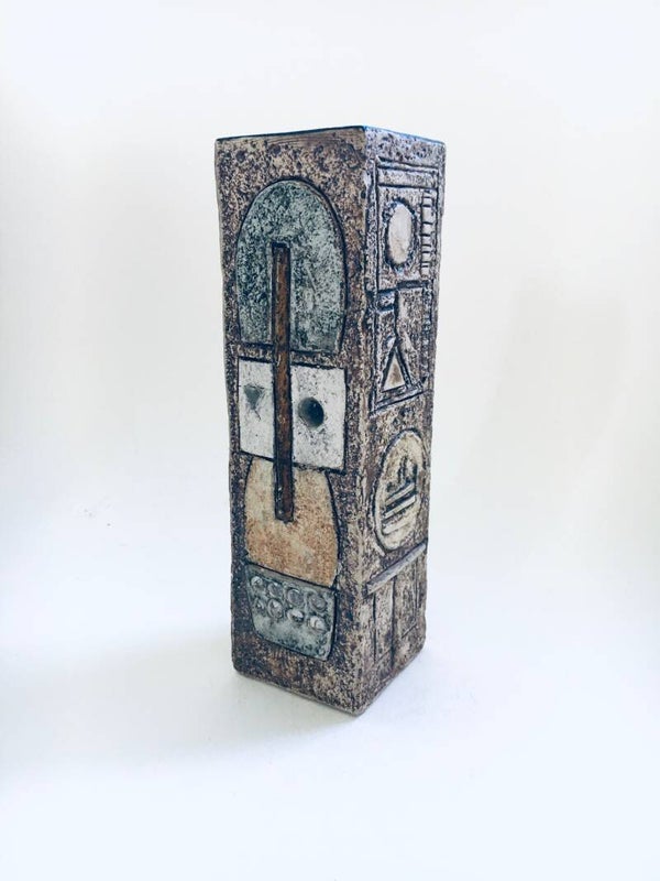 Brutalist Art Studio Pottery Rectangular Vase by Louise Jinks for Troika Cornwall, England 1960's