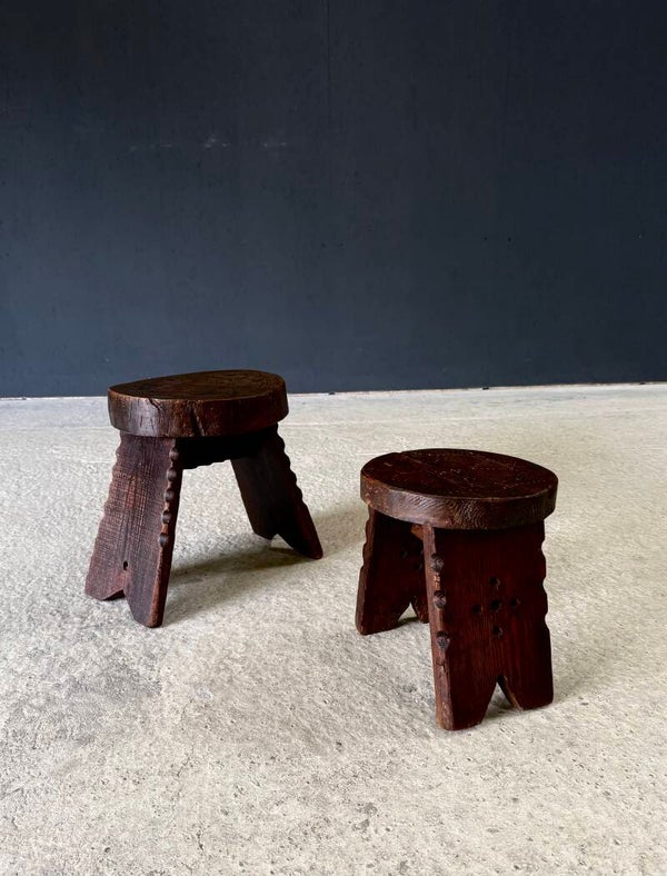 Wabi Sabi Hand Crafted Carved Low Stool set, Spain 1960's