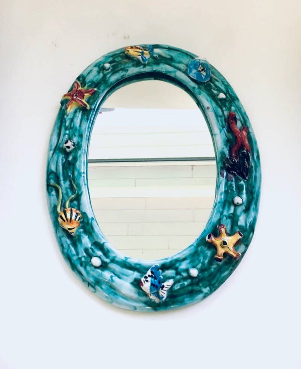 Vintage Art Ceramics 'Ocean' Oval Wall Mirror by Supercasa, Italy 1960's