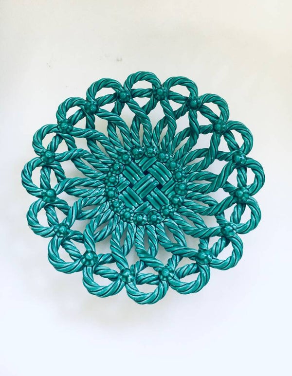 Vintage Art Ceramics Green Braided Woven Basket Bowl by Vallauris, France 1950's
