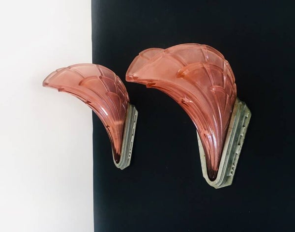 Pair Art Deco Design Pink Glass Sconce Wing Wall Lamps, France 1930's