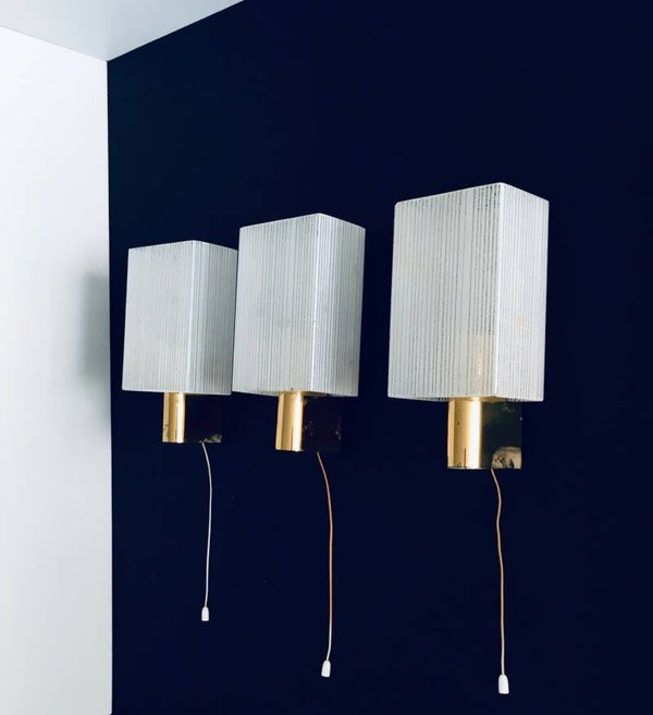 Midcentury Design Brass & Glass Sconce Wall Lamp Set, France 1960's