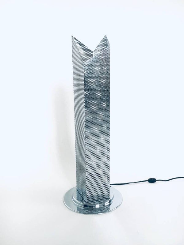 Postmodern Architectural Design Chrome Steel Perforated Metal Table Lamp, Italy 1980's