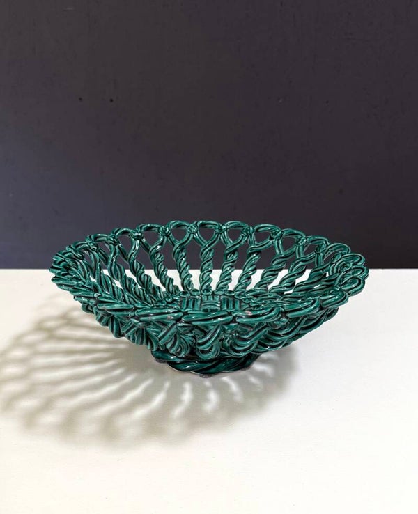Midcentury Art Ceramic Braided Green Basket Bowl, Vallauris France 1950's
