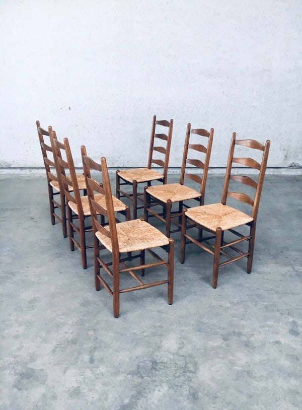 Rustic Handcrafted Oak & Rush Dining Chair Set, Belgium 1950's