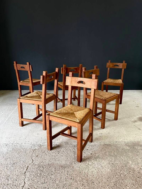 Brutalist Rustic Design Oak & Rush Dining Chair Set, Belgium 1960's