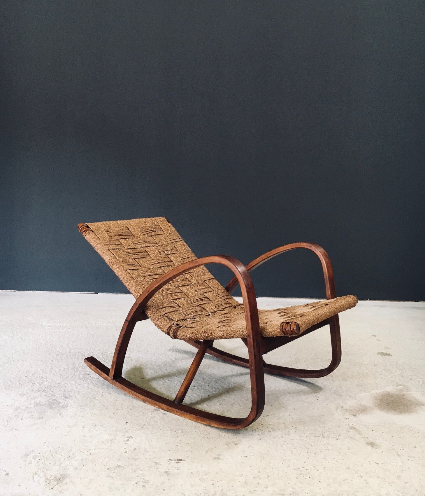Midcentury Design Rope Rocking Chair, Italy 1950's