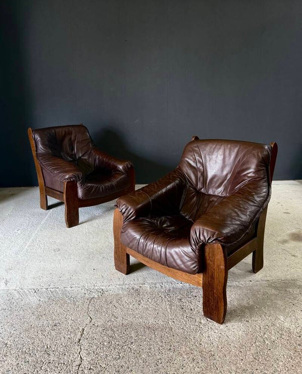 Brutalist Design Leather & Oak Lounge Chair set, Belgium 1970's