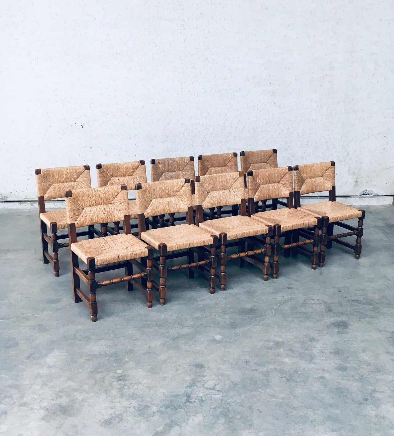 Tudor Style Design Oak & Rush Dining Chair set, Belgium 1930's