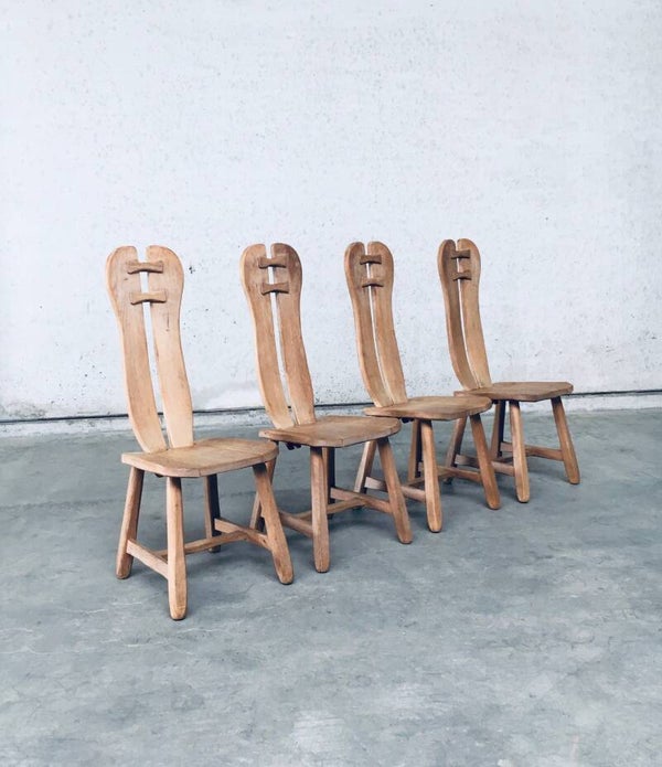 Brutalist Design Oak Dining Chairs by De Puydt, Belgium 1960's