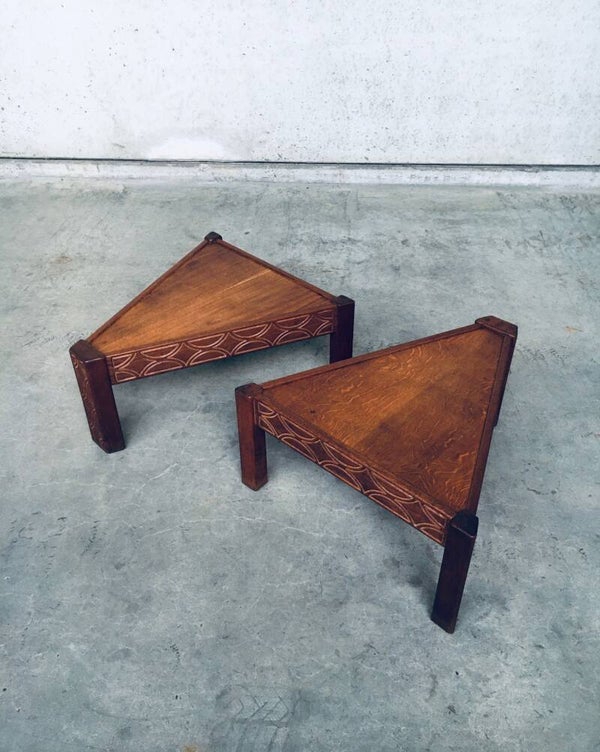 Brutalist Design Carved Triangular Side Table Set, Germany 1960's