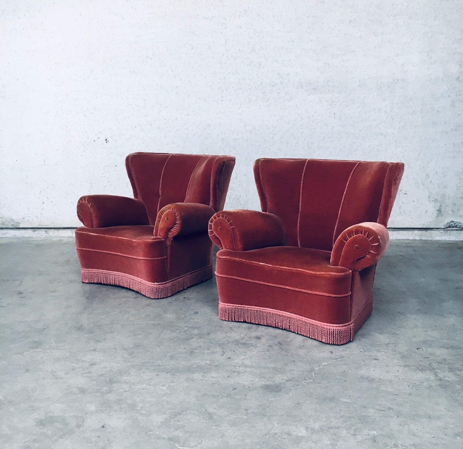 Art Deco Pink Velvet Armchair Fauteuil Set w Fringe, Italy 1930's