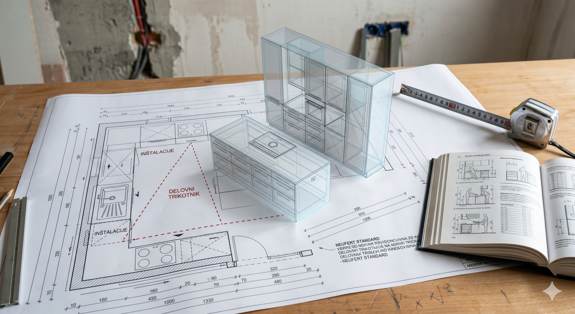 Analiza PZI načrta za kuhinjo, ki prikazuje ergonomsko postavitev in tehnične priključke pred izvedbo.