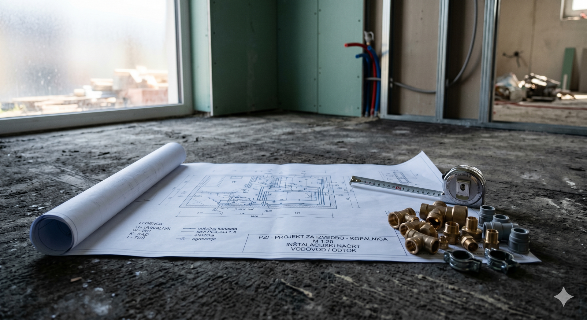 Arhitekturni načrt za projektiranje kopalnice z inštalacijami in gradbenim materialom na gradbišču.