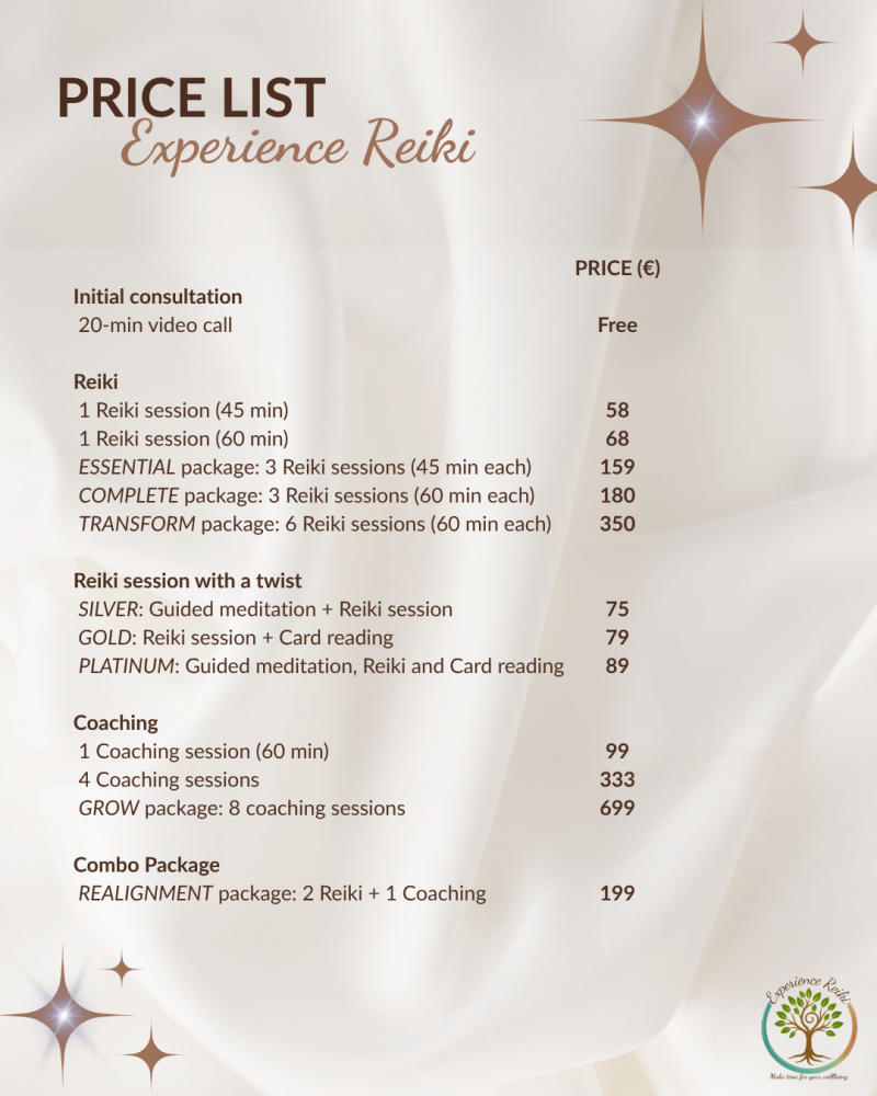 Experience Reiki price list PDF: free consultation, Reiki and Coaching sessions, packages, and combo services