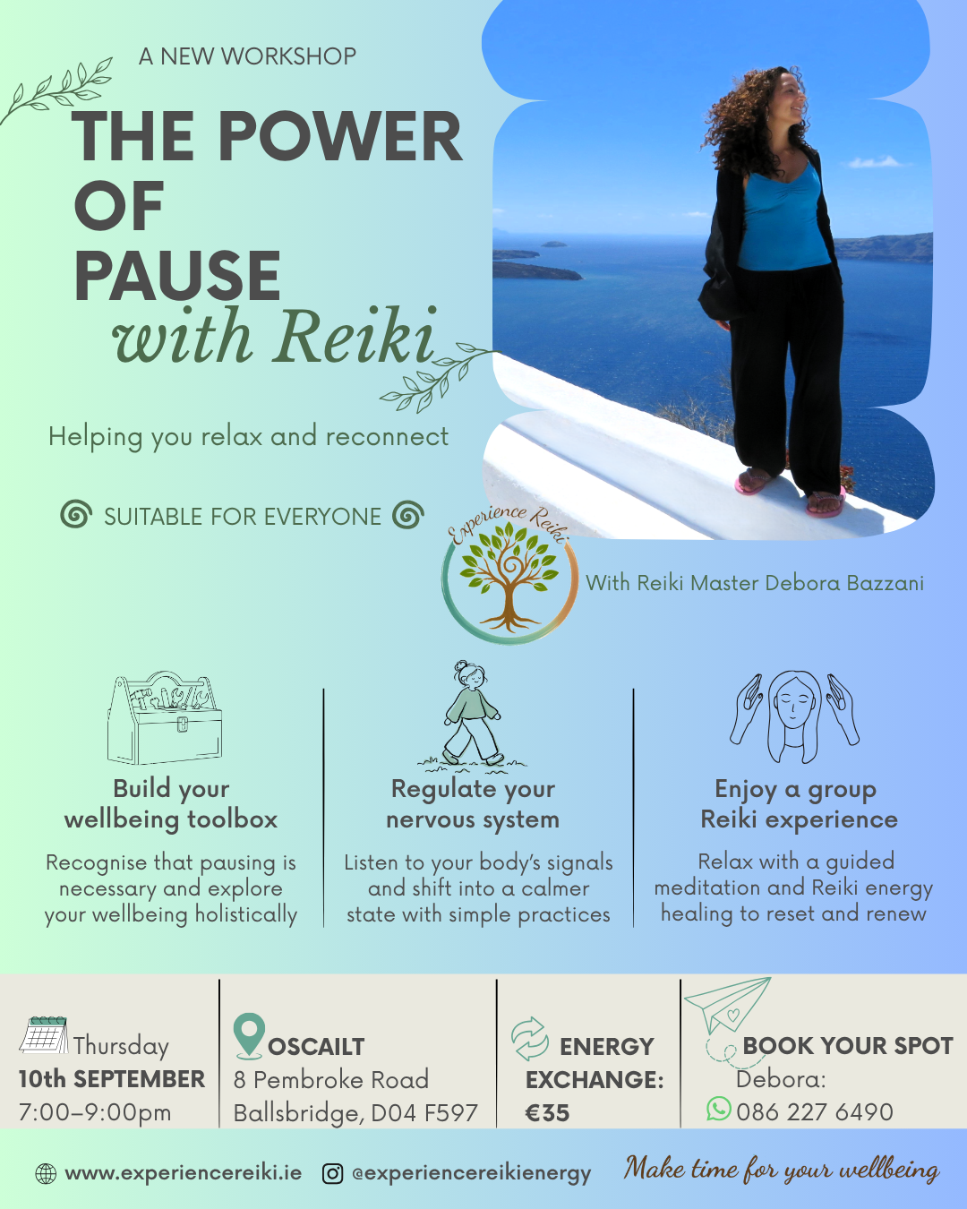 Flyer promoting the event The Power of Pause with Reiki, at Oscailt, on 10th September