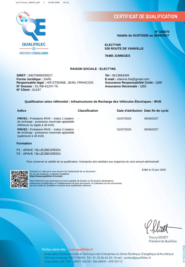 Certifcat ELECT'HIS QUALIFELEC IRVE Indice 1 et indice 2 Normandie et Ile de France
