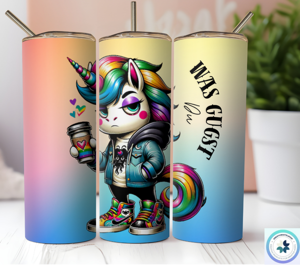 Thermobecher mit Steckdeckel "Cooles Einhorn mit Spruch was guckst du ? "
