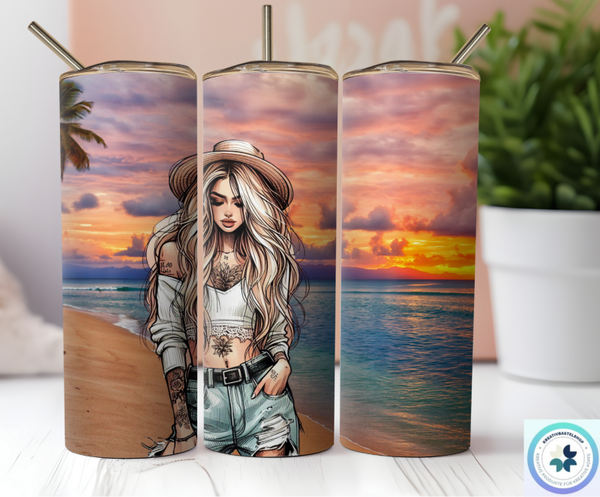 Thermobecher mit Steckdeckel "Girl am Strand Sonnenuntergang"