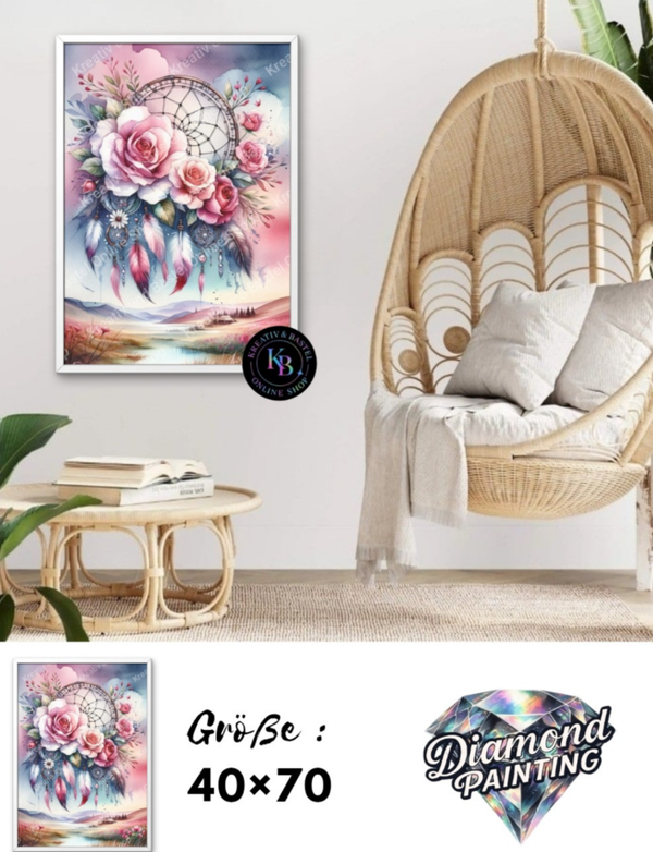 Diamond Painting Bild „Dream of Roses – Zauberhafter Traumfänger“von KUBOS(Sternchen)