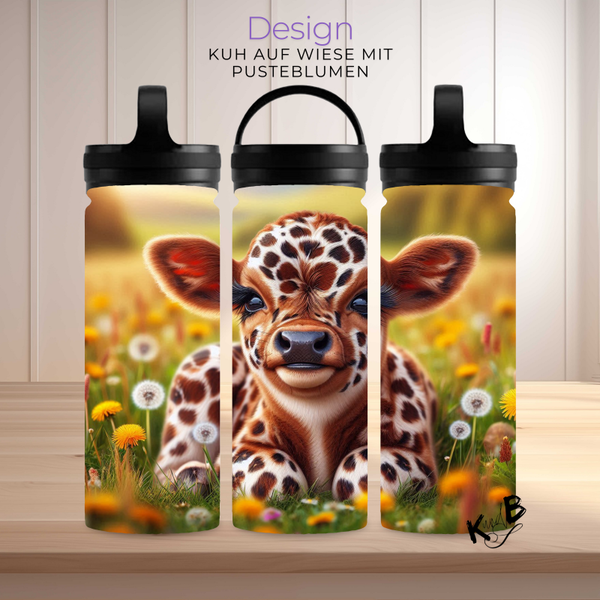 Thermoflasche "Kuh auf Wiese mit Pusteblumen"