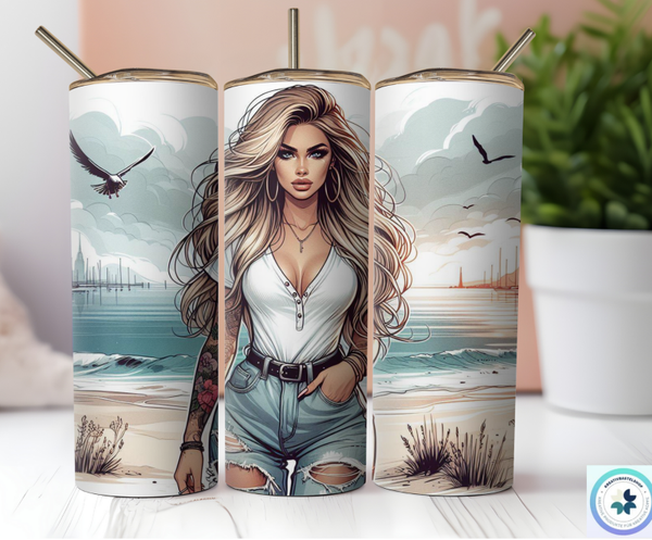 Thermobecher mit Steckdeckel "Girl am Strand"