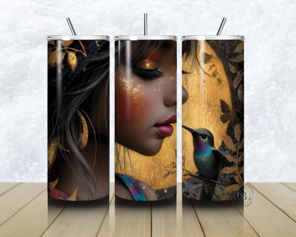 🌙✨ Thermobecher – „Goldene Stille – Mädchen & Kolibri“ – 20 OZ inkl. Strohhalm