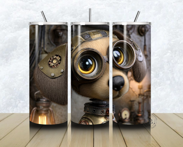 🐶⚙️ Thermobecher – „Steampunk Pup – Technik trifft Niedlichkeit“ – 20 OZ inkl. Strohhalm