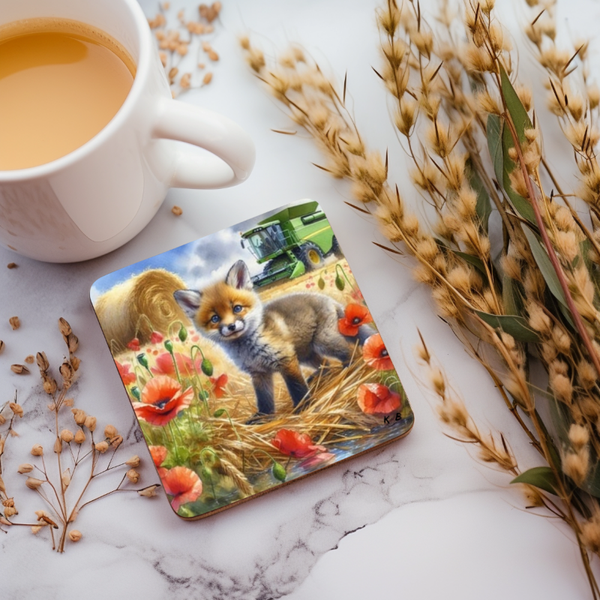 Untersetzer "Fuchs im Feld mit Mähdrescher"