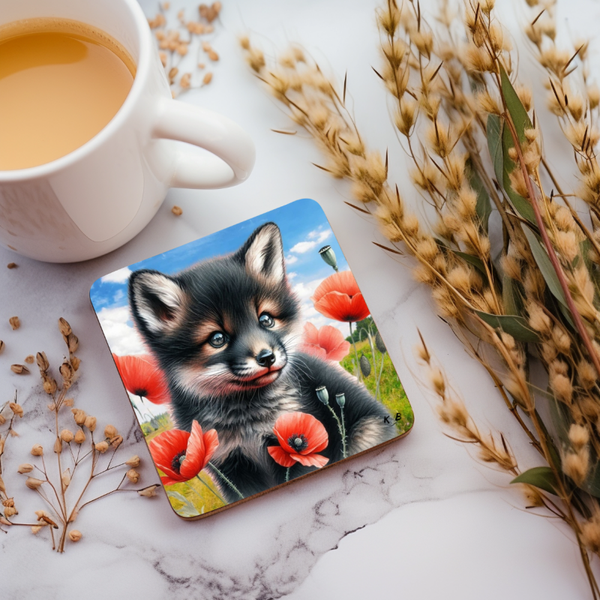 Untersetzer  "Babyfuchs mit Mohnblumen"