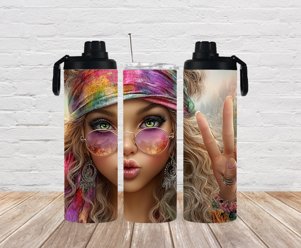 🌸 Thermobecher „Boho Girl mit Peace-Zeichen“ – personalisierbar