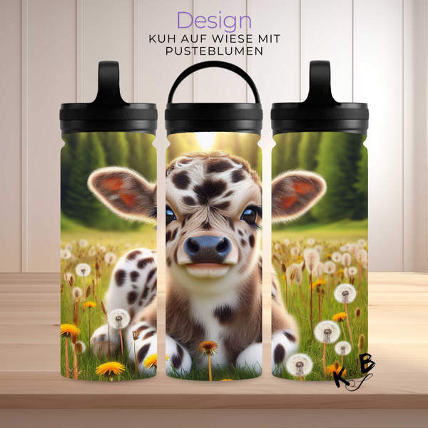 Thermoflasche "niedlicher Kuh auf Wiese mit Pusteblumen"