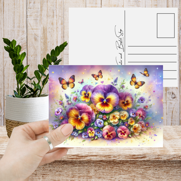 Postkarte "Blütenpoesie - Stiefmütterchen & Schmetterlinge"