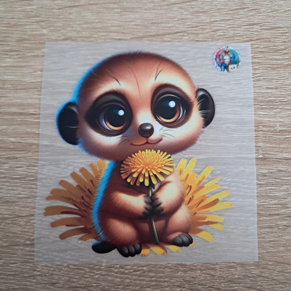 Erdmännchen auf Löwenzahnblüte.