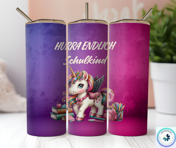 Thermobecher mit Steckdeckel "Hurra Endlich Schulkind" (Einhorn)