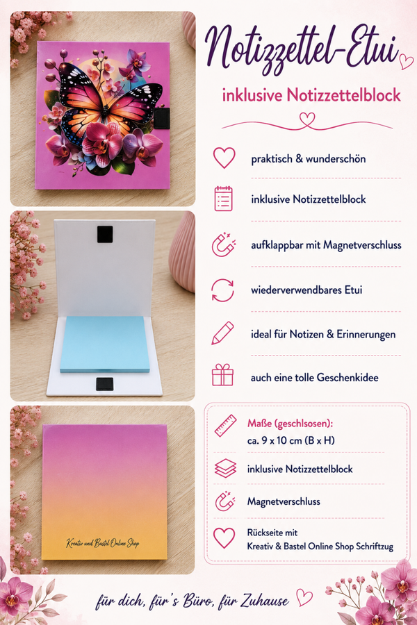 Notizzettel-Etui „Schmetterlingszauber“ – handgefertigt inkl. Notizzettelblock