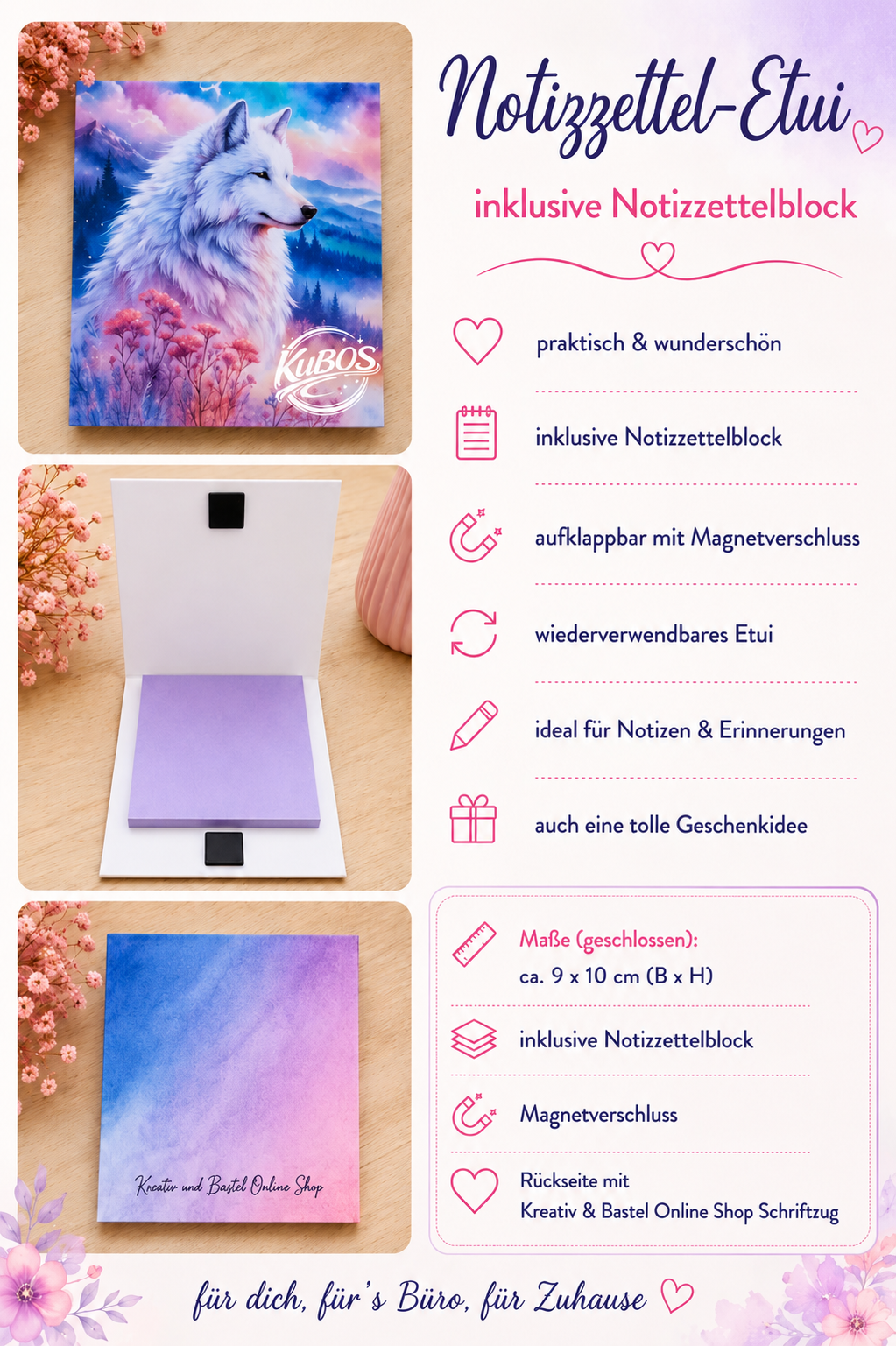 Notizzettel-Etui „Polarlicht-Wolf“ – handgefertigt inkl. Notizzettelblock