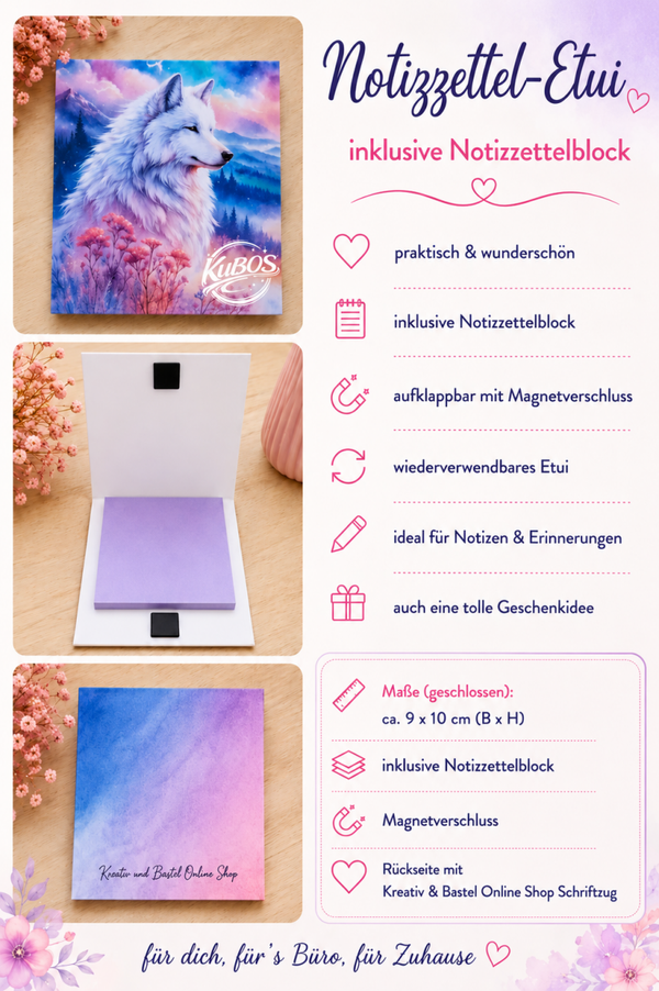 Notizzettel-Etui „Polarlicht-Wolf“ – handgefertigt inkl. Notizzettelblock
