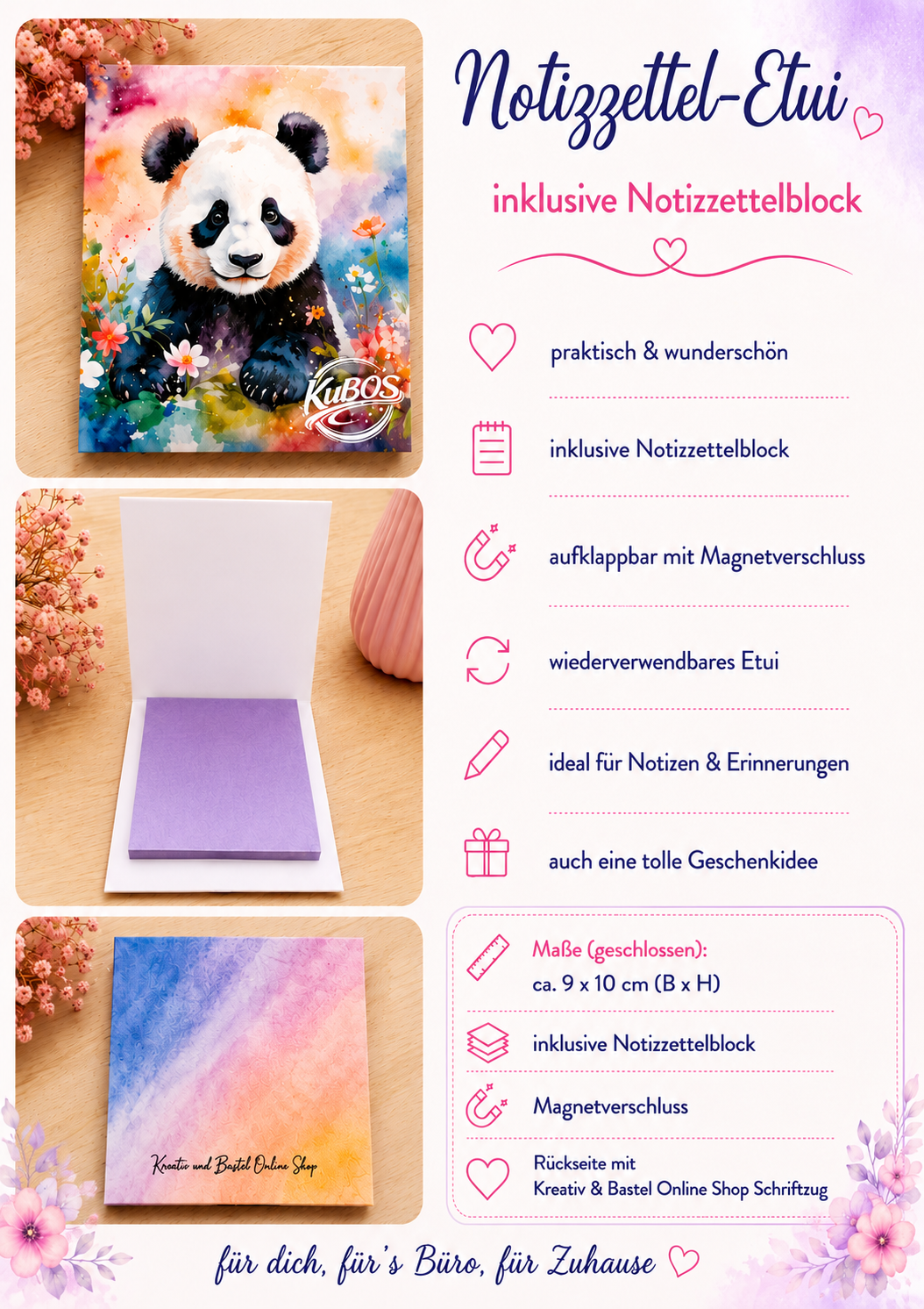 Notizzettel-Etui „Panda Farbentraum“ – handgefertigt inkl. Notizzettelblock