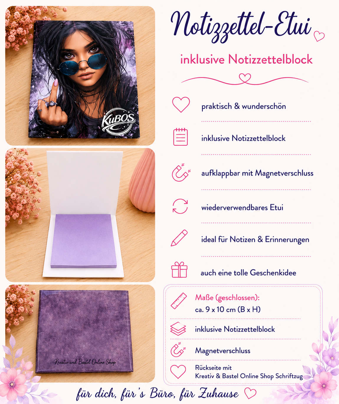 Notizzettel-Etui „Purple Rebel“ – handgefertigt inkl. Notizzettelblock