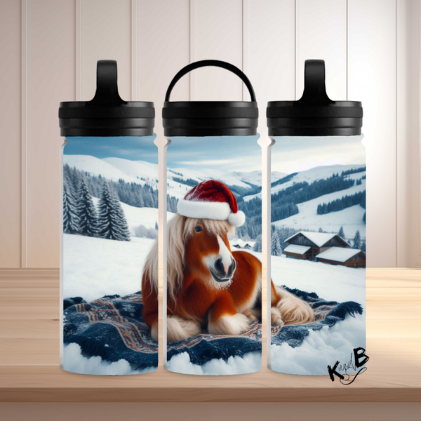 Thermoflasche "Pferd braun-weiß mit Weihnachtsmütze"