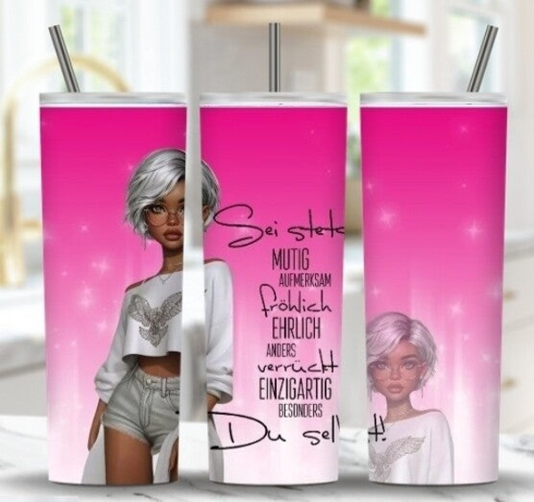 Thermobecher mit Steckdeckel Motiv und Spruch "Sei stehts .......... Du selbst!"