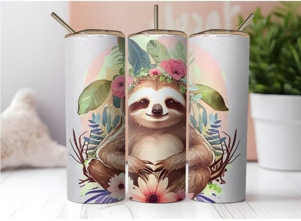 Thermobecher mit Steckdeckel "Faultier auf Blumen"