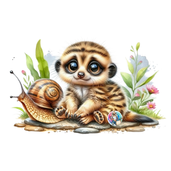 Erdmännchen auf einer blühenden Wiese mit Schnecke